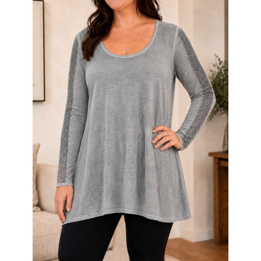Lane Bryant Plus Size 18/20 Gray Lace Sleeve Mineral Wash Boho Tunic Top